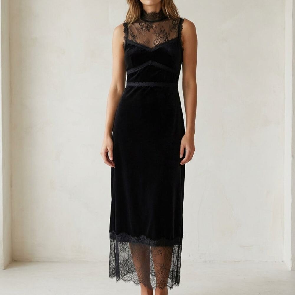 Lost + Wander Black Lace Velvet High Neck Sleeveless Maxi Dress, size S